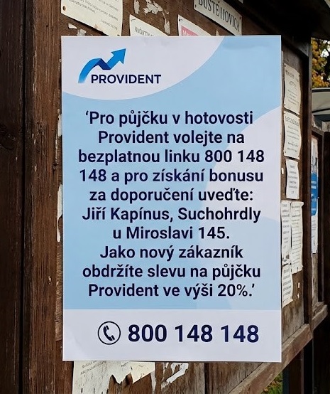 Slevový kód na slevu 20 procentu u půjčky Provident je: doporučující osoba Jiří Kapínus, Suchohrdly u Miroslavi 145